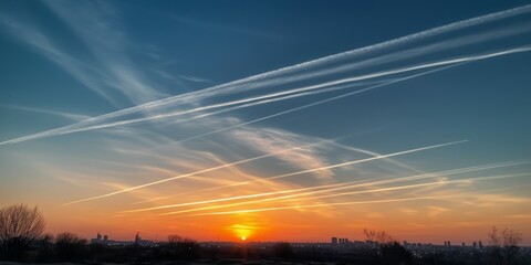 Sunset Full of Contrails, in the Style of Environmental Activism, Embracing Shades of White and Light Blue