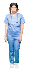 Poster - Young adult doctor woman wearing medical uniform skeptic and nervous, frowning upset because of problem. Negative person.