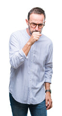 Canvas Print - Middle age hoary senior man wearing glasses over isolated background feeling unwell and coughing as symptom for cold or bronchitis. Healthcare concept.