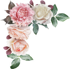 Wall Mural - Roses and peony isolated on a transparent background. Png file.  Floral arrangement, bouquet of garden flowers. Can be used for invitations, greeting, wedding card.