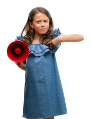 Sticker - Brunette hispanic girl holding red megaphone with surprise face pointing finger to himself