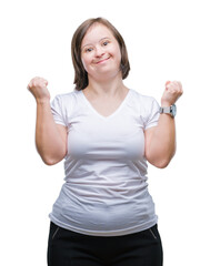 Wall Mural - Young adult woman with down syndrome over isolated background celebrating surprised and amazed for success with arms raised and open eyes. Winner concept.