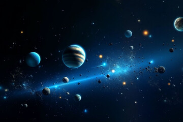 Wall Mural - space, planets and night sky in solar system, universe and galaxy with jupiter, mars and pluto scien