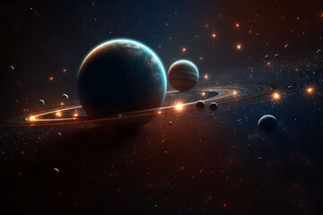 Wall Mural - space, planets and orbit ring in solar system, universe and galaxy with neptune, mars and pluto. ai 