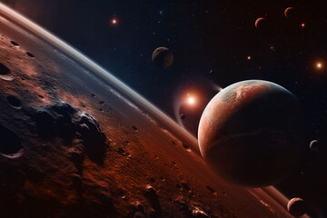 Wall Mural - space, planets and armageddon in night solar system, universe and galaxy with neptune, mars and plut