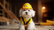 cute white engineer puppy dog wearing yellow engineer uniform and yellow construction site helmet, Generative AI