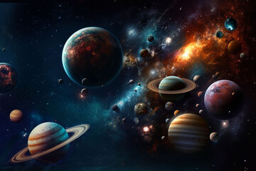  Space, planets and asteroid in night sky solar system, universe and galaxy with jupiter, mars or pluto. Ai generated, background and futuristic cosmos in dark orbit, dark sky and astronomy atmosphere