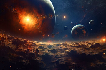 Wall Mural - moon, space or planets with surface landscape in night universe, galaxy or solar system in armageddo