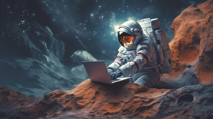 Wall Mural - astronaut in space with a laptop. ai generation