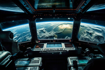 Wall Mural - shuttle, window and space earth in night armageddon universe, galaxy and solar system in control roo