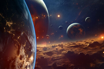 Wall Mural - earth, space or planets with surface landscape in night universe, galaxy or solar system in armagedd