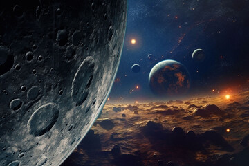 Wall Mural - closeup moon, space or planets in night universe, galaxy or solar system with armageddon earth, mars