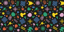 Hand Drawing Groovy Seamless Pattern With Abstract Trendy Shapes. Wrapping Paper With Organic Shapes. Funky Loop, Flowers, Star, Mushroom, Bubble, Line In Y2k Style. Vector Art
