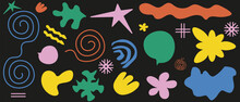 Hand Drawing Abstract Trendy Shapes. Set Of Organic Shapes. Funky Loop, Flowers, Star, Mushroom, Bubble, Line, Rainbow In Y2k Style. Vector Art