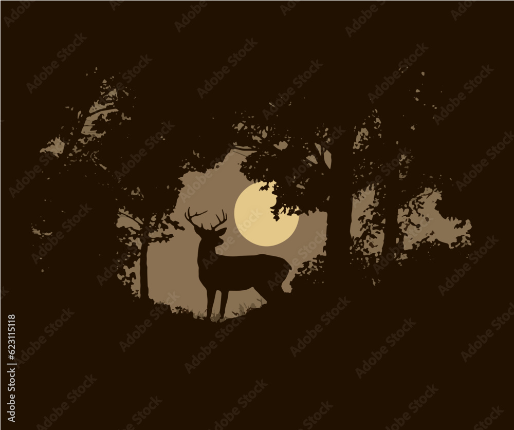 A buck deer stands in an opening in the forest at sunset in this ...