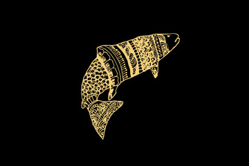 Wall Mural - Zentangle art for Arowana Fish with gold color isolated on dark black background - vector illustration