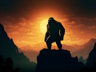 An abstract  silhouette of King Kong standing on rock on mountain. King Kong is the name
 of a fictional character who is a giant ape. Generative AI. Illustration.