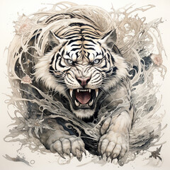 Wall Mural - A fierce tiger treading on the waves