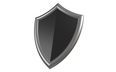 A three-dimensional black shield icon with a metal rim on a transparent background for web design. The concept of data protection and access security. 3d rendering of a raster illustration