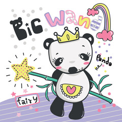 Wall Mural - Funny cartoon fairy panda girl standing and holding a bamboo wand vector, T-Shirt design for kids.