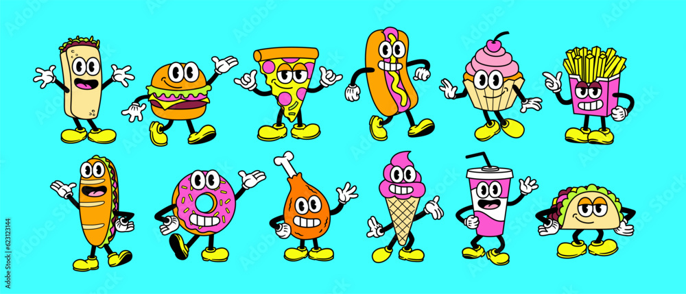 Vector Cartoon Funny Fast Food Characters Mascots Set Isolated Stock ...