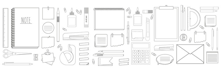 Collection of papers for memo and other stationery - notepads, stickers, pencil, pens, markers, notebooks and ect. illustration on transparent background