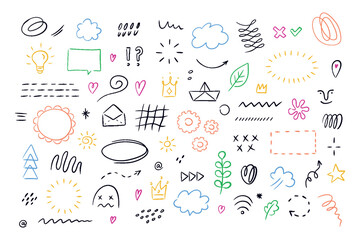 Aufkleber - Hand drawn simple elements set. Sketch underlines, icons, emphasis, speech bubbles, arrows and shapes. Vector illustration isolated on white background.