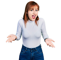 Poster - Redhead young woman wearing casual turtleneck sweater smiling cheerful offering hands giving assistance and acceptance.