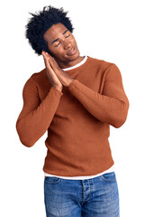 Sticker - Handsome african american man with afro hair wearing casual clothes sleeping tired dreaming and posing with hands together while smiling with closed eyes.