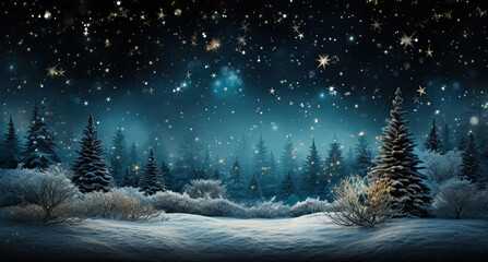 A snowy landscape with trees and stars in the sky. Generative AI.