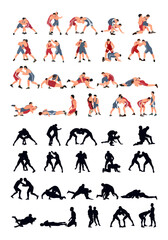 Set of wrestlers silhouettes. Image of greco roman wrestling, martial art, sportsmanship