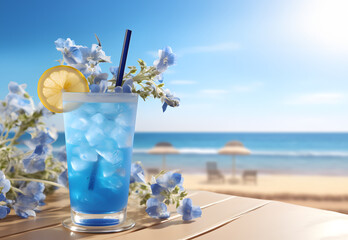 Wall Mural - Blue lagoon cocktail with ice and flowers on a wooden table.