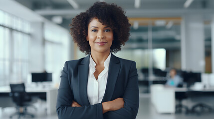 Portrait of middle aged African-American business woman in office setting, 40-45 years old office worker wearing a gray suit, confident professional, ceo, photo created with generative AI