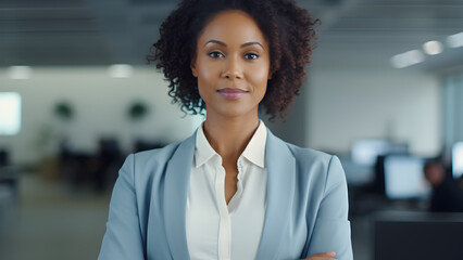 photo portrait of an african-american business woman in open plan office setting smiling, looking at