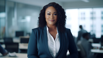 African-American business woman standing in ofice setting wearing a suit, plus size 40 years old model, portrait of a businesswoman created with generative AI