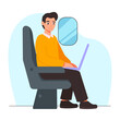 Man with a laptop sits on a plane or train. Journey. Vector graphic.