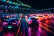 Speeding Sports Car On Neon Highway. Powerful acceleration of a supercars on a night track with colorful lights and trails. Generative ai.