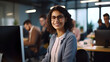 Young woman, developer working in IT office, photo portrait of young intern, smiling female professional wearing glasses working at desk, photo created with generative AI