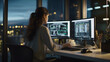 Female developer working in office, young woman coding, sitting at desk, code on screen, back view, blurred office setting, photo created with generative AI