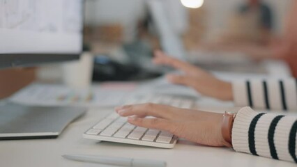 Poster - Hands, keyboard and person typing with closeup, writing report or feedback with email communication. Fast, computer and receptionist recording data, administration and desk with research and article