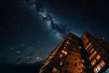 Wall Mural - evening, milky way and stars in low angle city for stargazing, astrophotography and dark sky view. a
