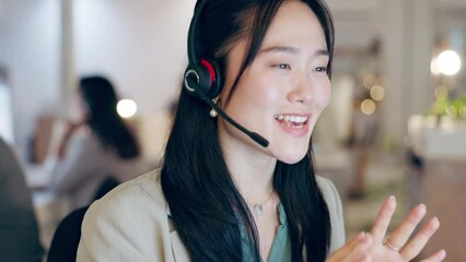 Poster - Customer service face, conversation and happy Asian woman consulting, networking or telemarketing on office support. Communication headset, consultation or female consultant talking at help desk