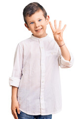 Sticker - Cute blond kid wearing elegant shirt showing and pointing up with fingers number four while smiling confident and happy.