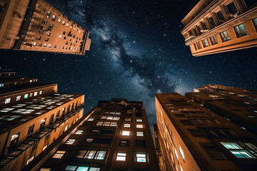 Wall Mural - night, milky way and stars in low angle city for stargazing, astrophotography and dark sky view. ai 