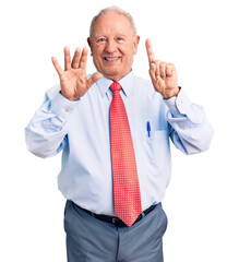 Sticker - Senior handsome grey-haired man wearing elegant tie and shirt showing and pointing up with fingers number six while smiling confident and happy.