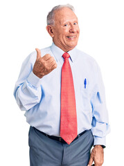 Sticker - Senior handsome grey-haired man wearing elegant tie and shirt smiling with happy face looking and pointing to the side with thumb up.