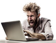A Man Working Hard on Laptop in Mad, Frayed, Stress, Crazy with Messy Hair in Transparent Background