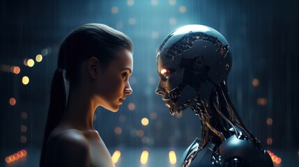 Wall Mural - A beautiful young woman is talking face to face to her best friend. The woman and the AI are looking to each other.