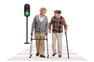 Poster - Full length portrait of an elderly men crossing a street and talking