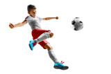 Fototapeta Sport - children soccer player in action isolated white background